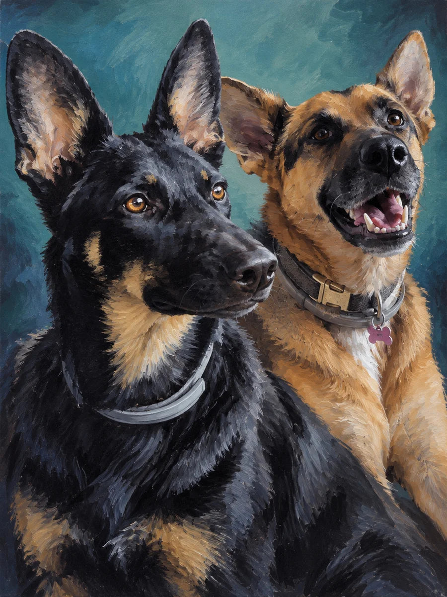 Two dogs brought to life in bold, textured teal brushstrokes